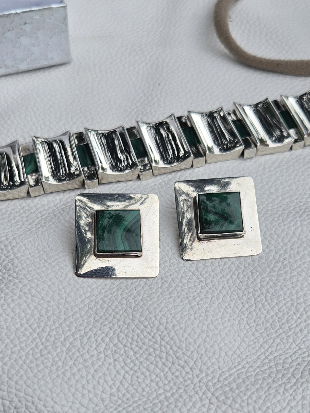Taxco Heavy Sterling Malachite Link Bracelet And Earrings